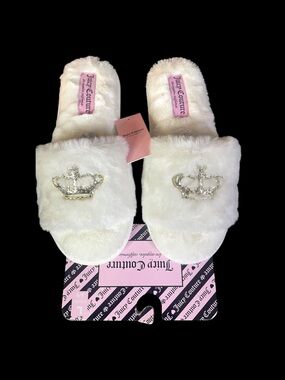 Juicy Couture Plush Ivory Hugging-2 Slide Slippers Rhinestone Crown Sz L 8-9 NWT